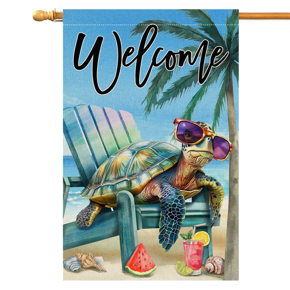 BLKWHT Summer Sea Turtle Flag 28x40 with vibrant ocean motif for outdoor welcome.