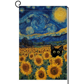 BLKWHT Summer Sunflower Cat Garden Flag front view for outdoor display