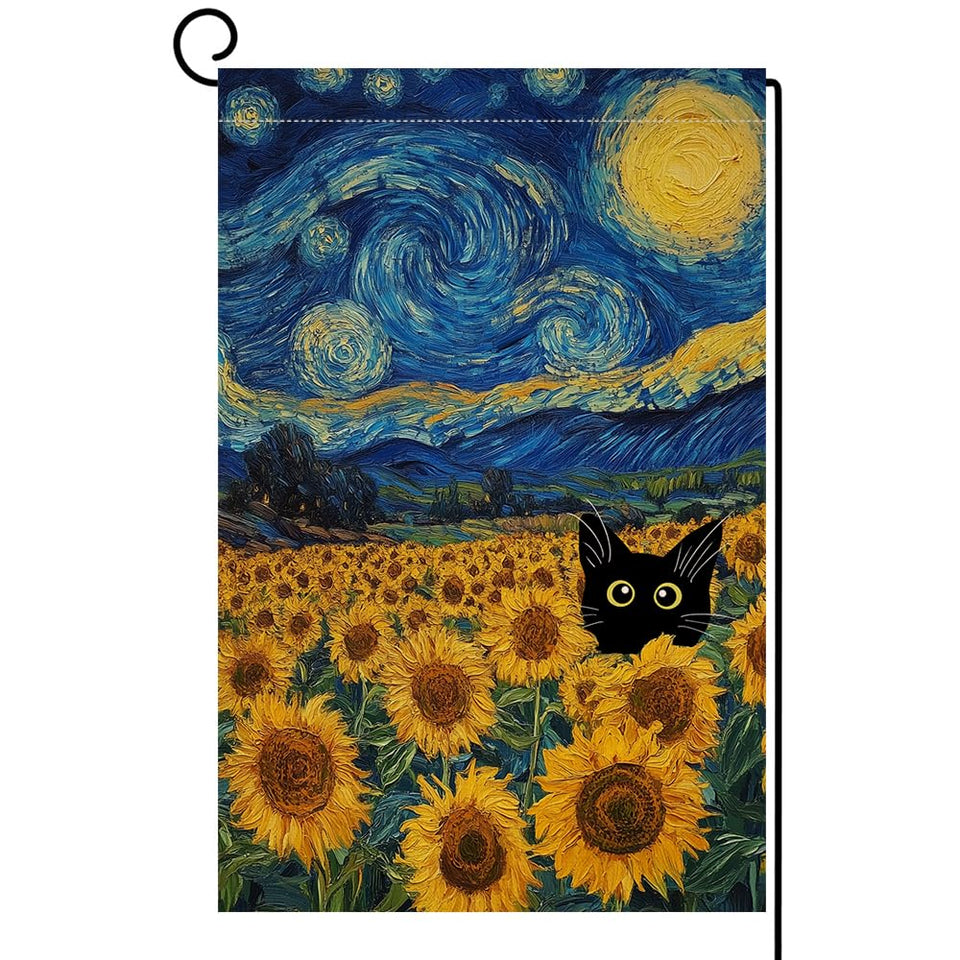 BLKWHT Summer Sunflower Cat Garden Flag front view for outdoor display