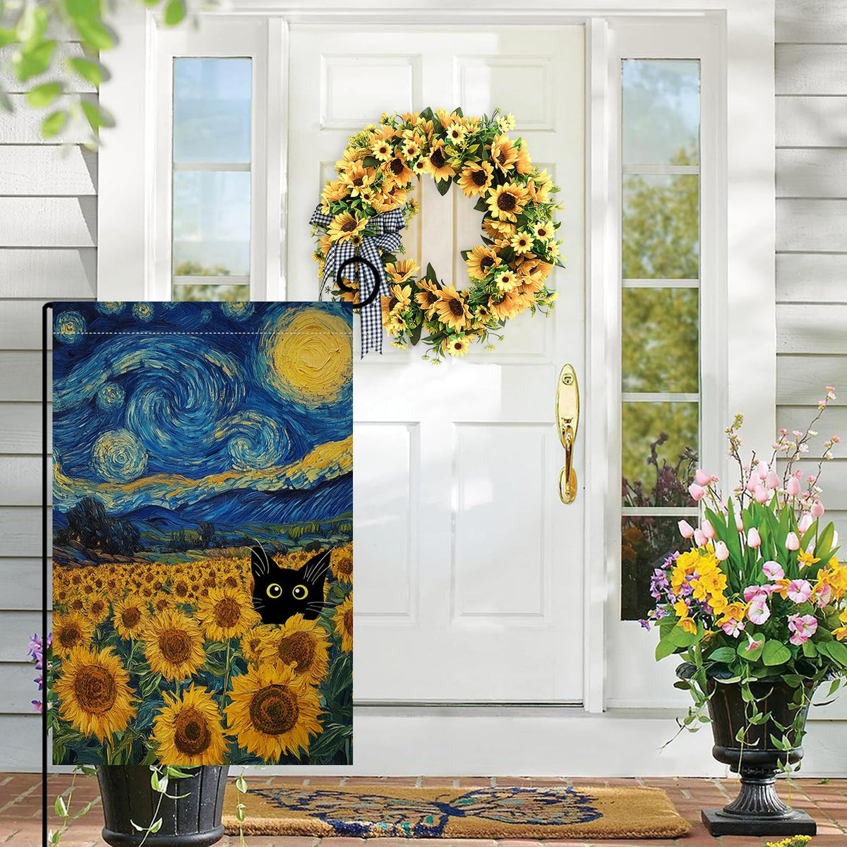 BLKWHT Sunflower Cat double-sided flag with clear pattern for garden use