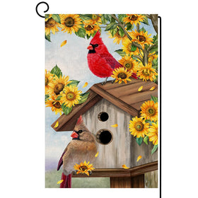 BLKWHT Summer Sunflowers Cardinal Bird garden flag showcases vibrant outdoor display
