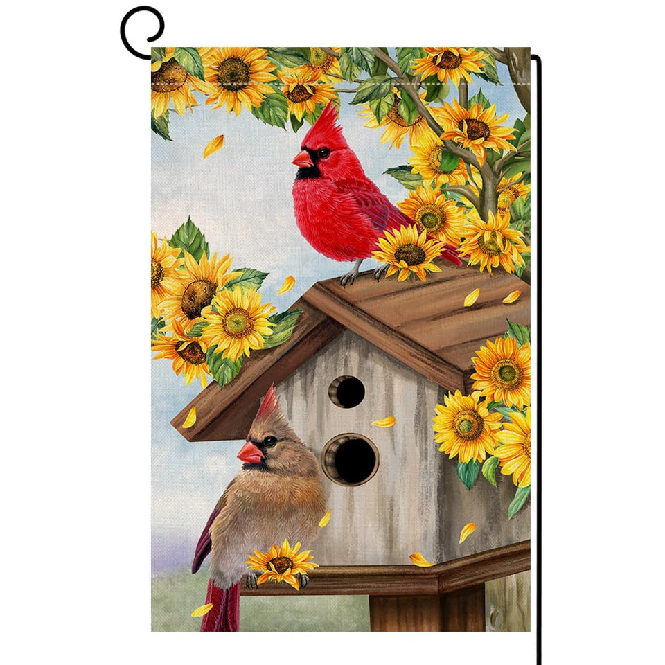 BLKWHT Summer Sunflowers Cardinal Bird garden flag showcases vibrant outdoor display