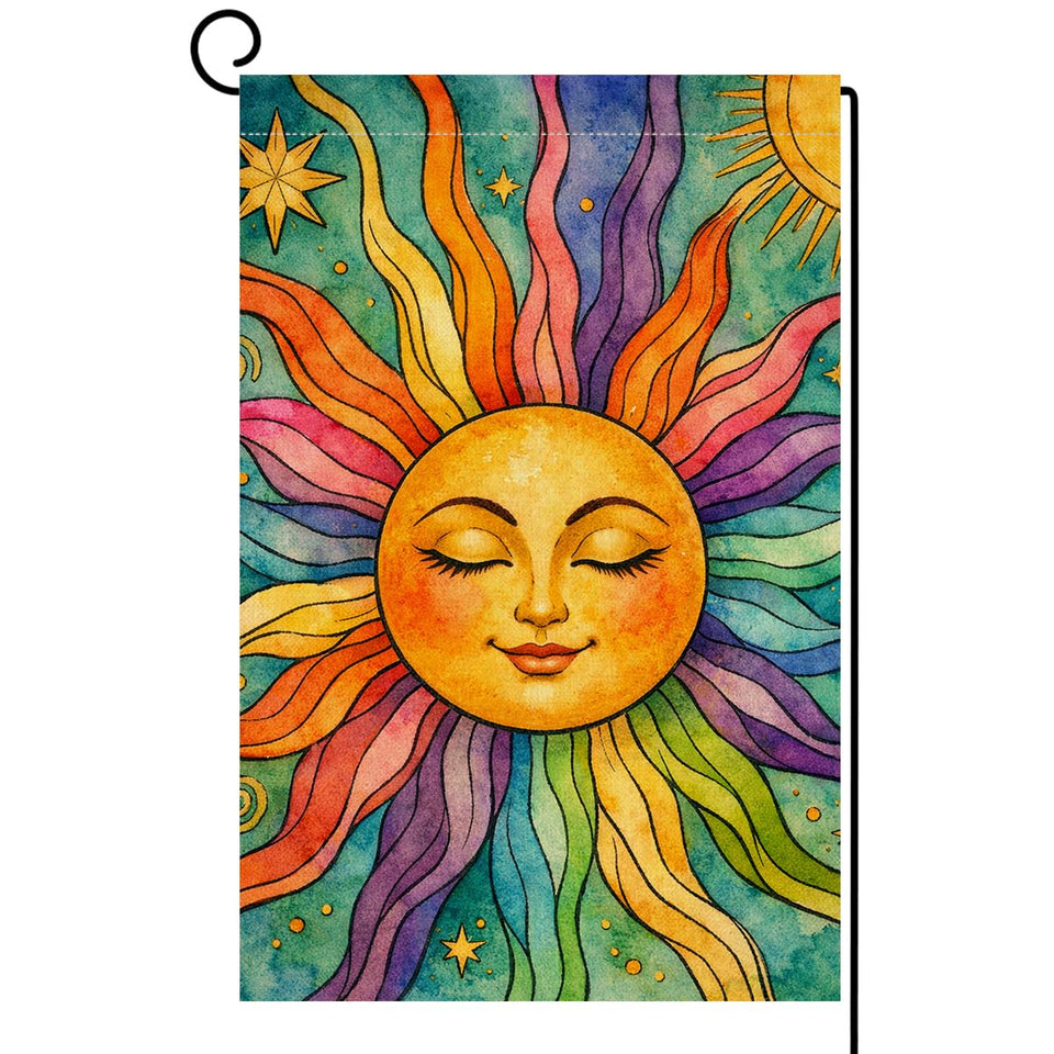 BLKWHT Summer Sunshine flag front view in bright garden; weather-ready decor.