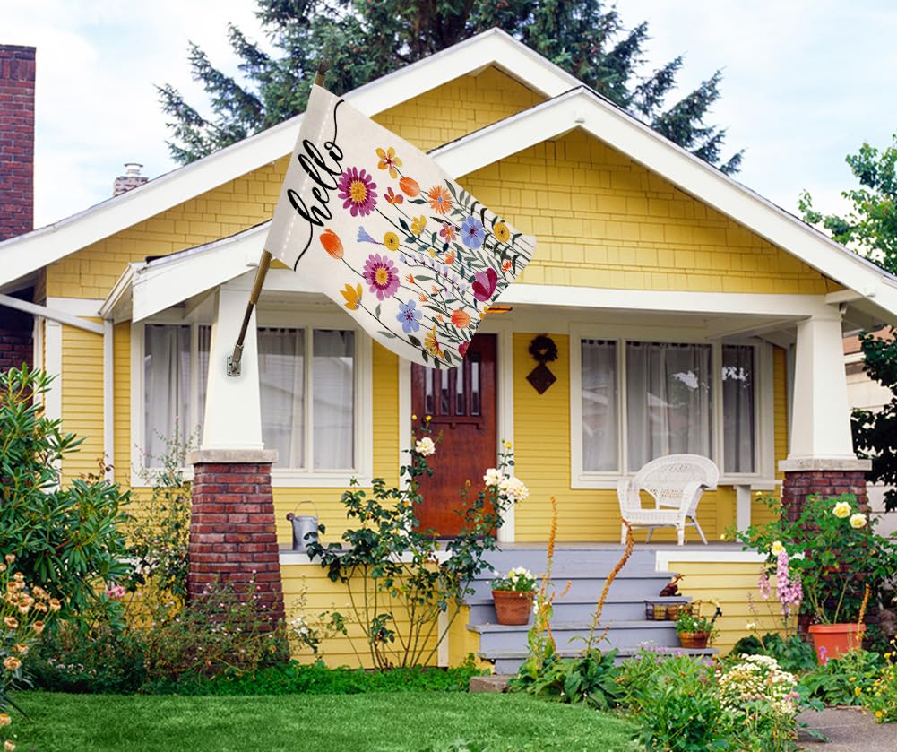 BLKWHT Hello Spring Floral flag displays weather- and fade-resistant burlap outdoors.