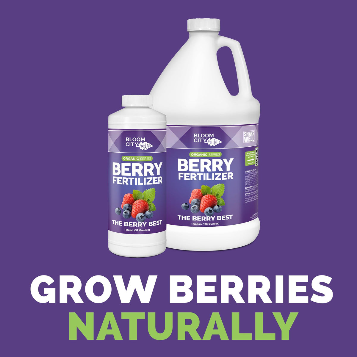 Bloom City Organic Berry Fertilizer label close-up with ingredients and guidance for healthy berry growth