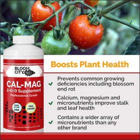 Bloom City Cal-Mag pour with dosing icon illustrating 2-5 ml per gallon.