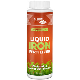 Bloom City Chelated Liquid Iron bottle pour for easy iron supplementation and greener foliage.
