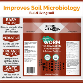 Bloom City compost and bokashi booster applied to soil shows nutrient support.