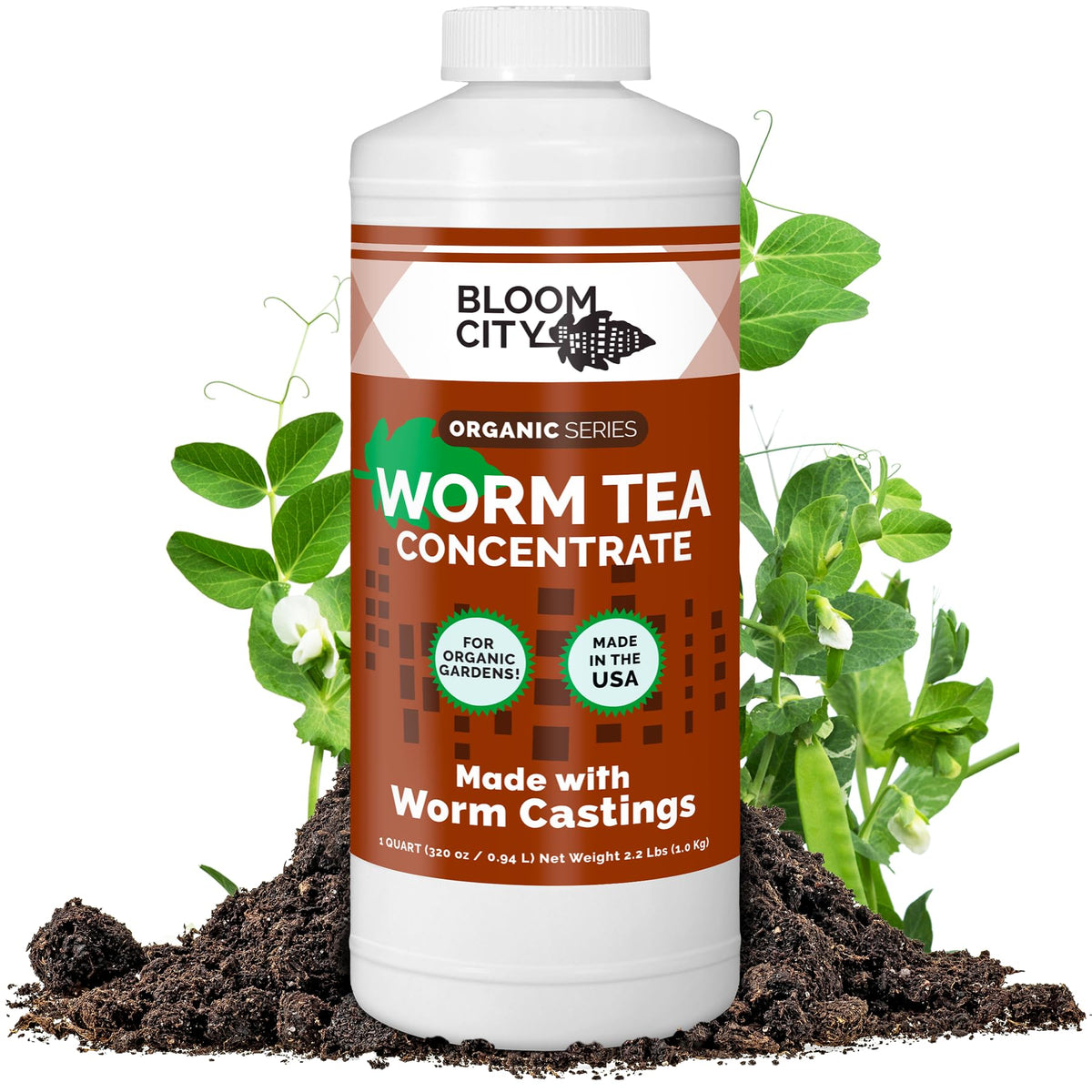 Bloom City Earthworm Tea Concentrate bottle promotes soil health and root growth.