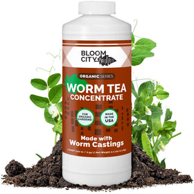 Bloom City Earthworm Tea Concentrate bottle promotes soil health and root growth.