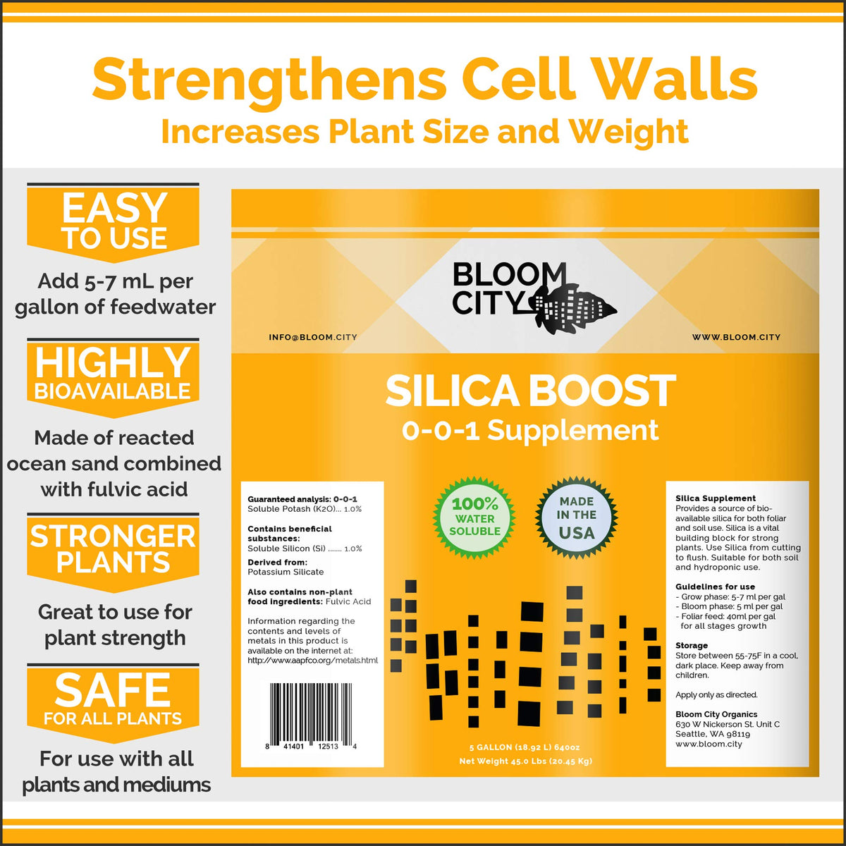 Bloom City Liquid Silica Boost diluted mix demonstrates universal use in soil and hydroponics.