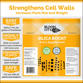 Bloom City Liquid Silica Boost diluted mix demonstrates universal use in soil and hydroponics.