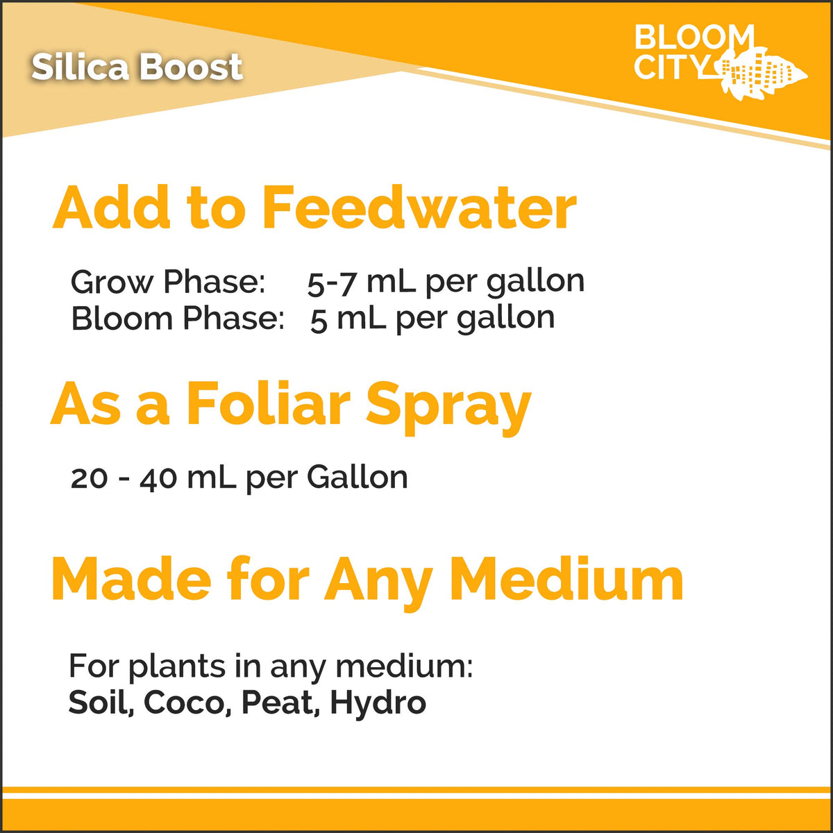 Bloom City Liquid Silica Boost product shot emphasizes ready-to-use concentrate for gardens.