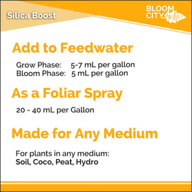 Bloom City Liquid Silica Boost product shot emphasizes ready-to-use concentrate for gardens.