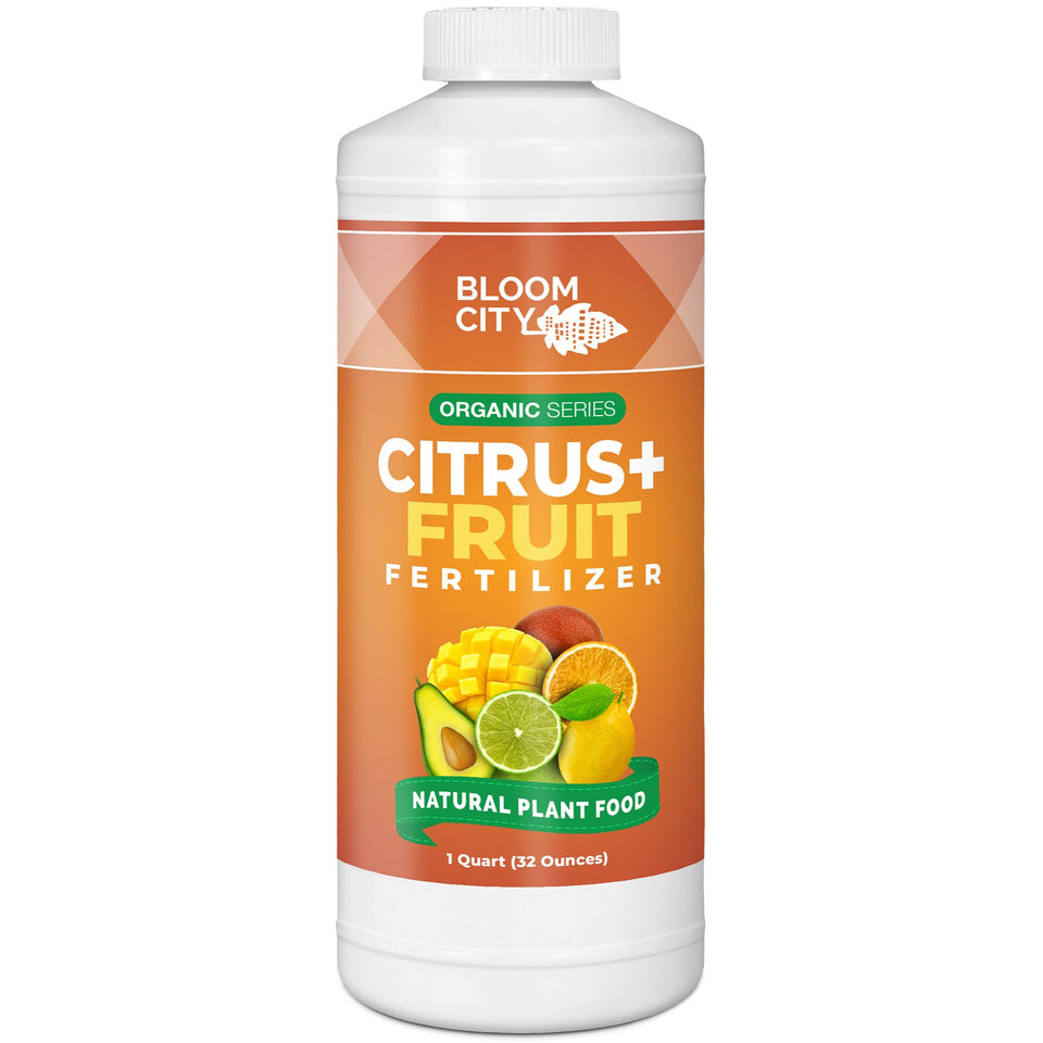 Bloom City Organic Citrus Fertilizer bottle front promotes healthy growth in citrus trees.