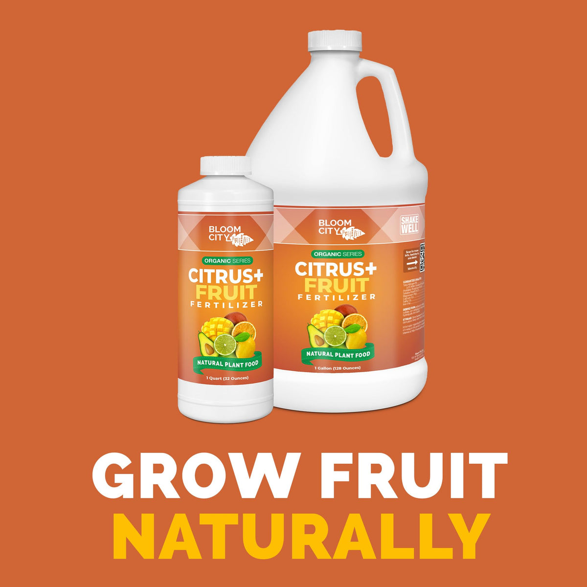 Bloom City Organic Citrus Fertilizer bottle pour demonstrates easy, steady feeding for fruit development.
