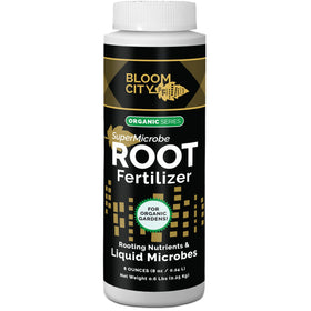 Bloom City Organic Root Stimulant bottle supports robust root health for indoor and outdoor plants.