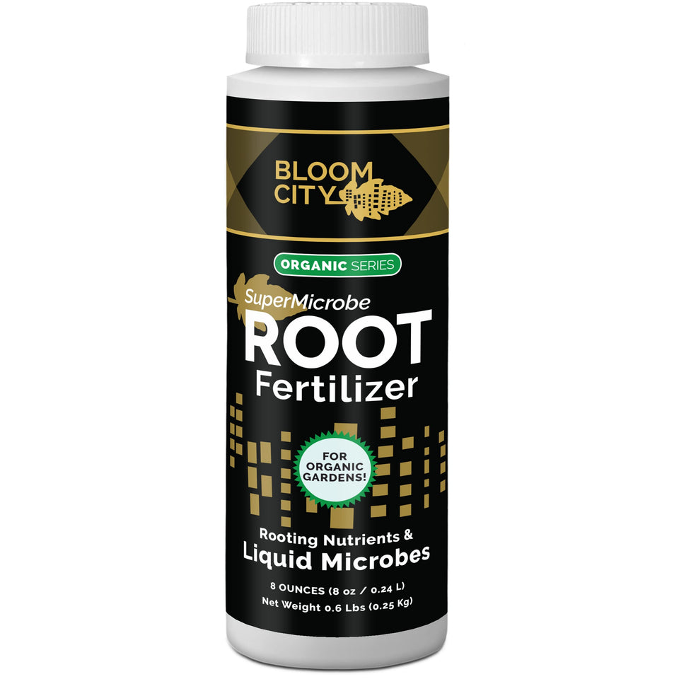 Bloom City Organic Root Stimulant bottle supports robust root health for indoor and outdoor plants.