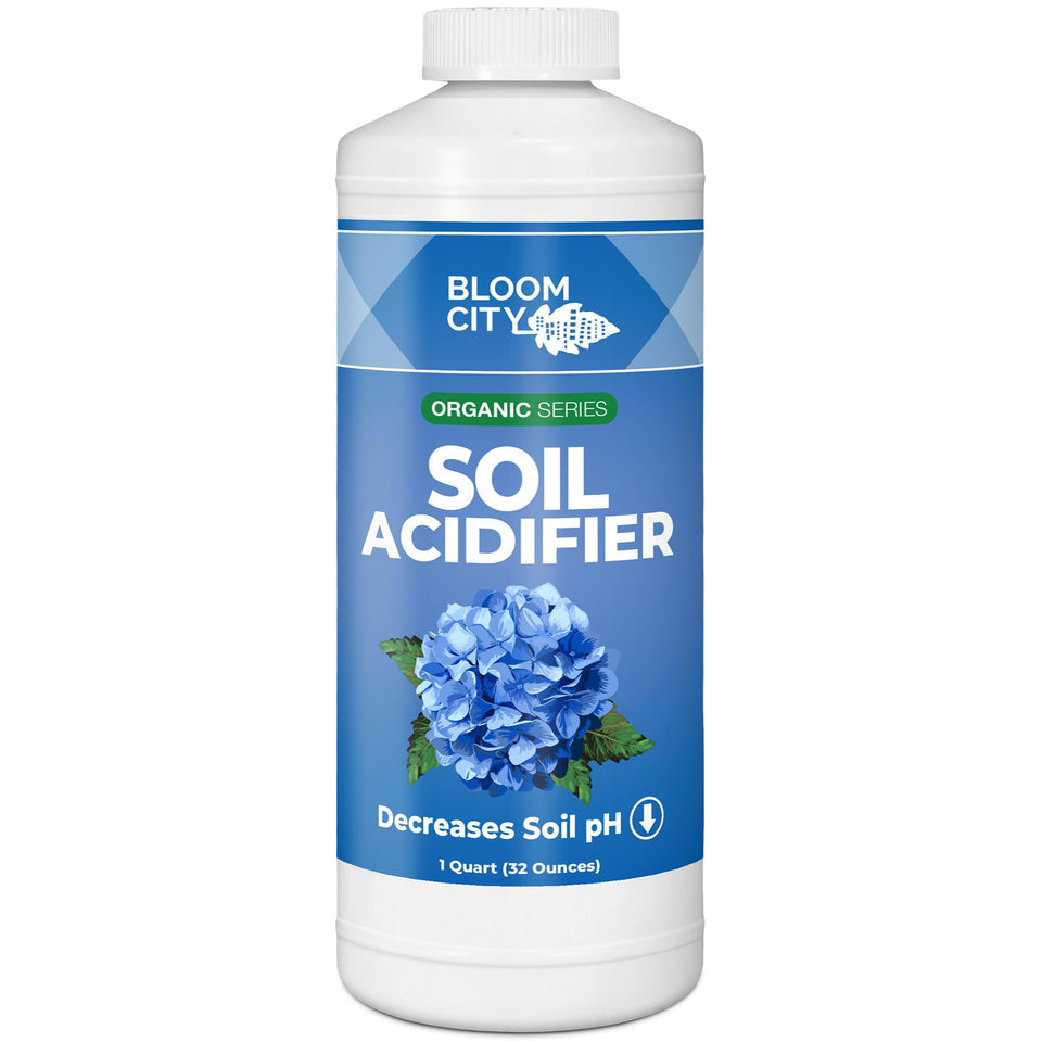 Bloom City Organic Soil Acidifier bottle pour easy application for blueberries and hydrangeas