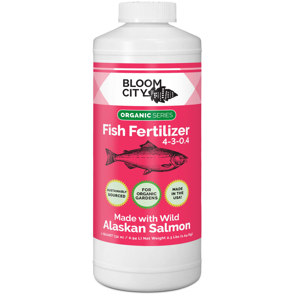 Bloom City organic wild fish fertilizer bottle front for healthier roots.