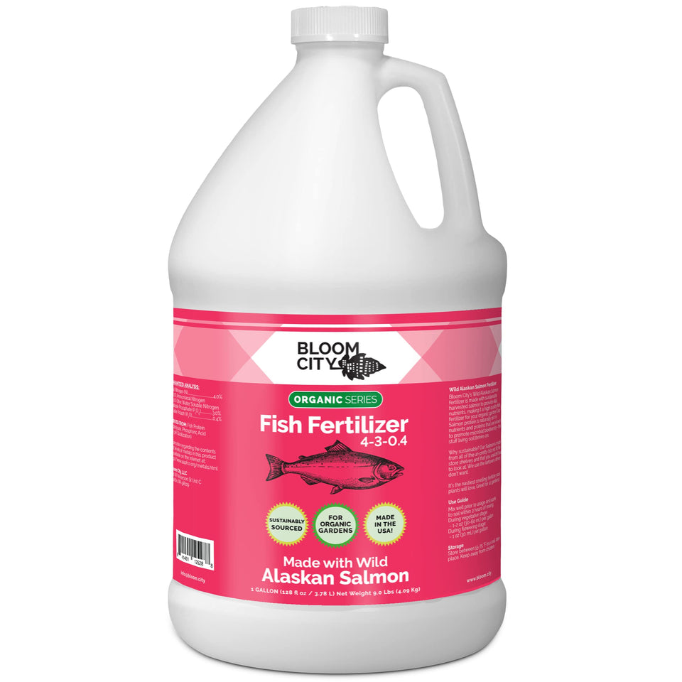 Bloom City Organic Wild Fish Fertilizer bottle closeup, nutrient-rich formula for lush foliage.