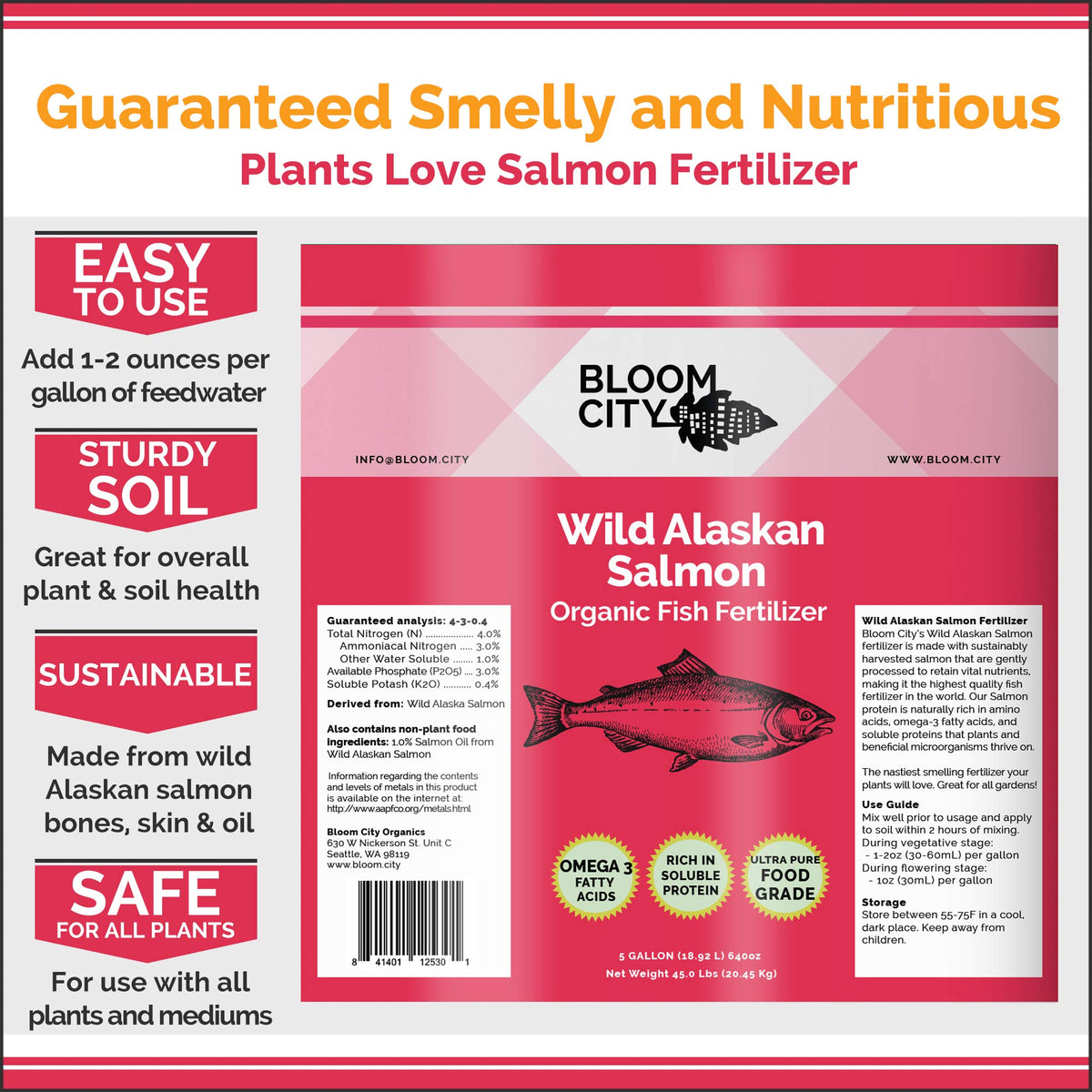 Bloom City Organic Wild Fish Fertilizer container 1gal beside healthy garden greens.