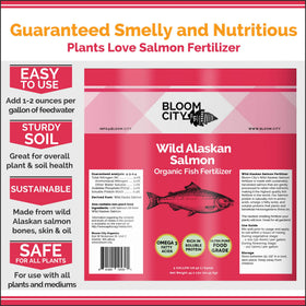 Bloom City Organic Wild Fish Fertilizer container 1gal beside healthy garden greens.