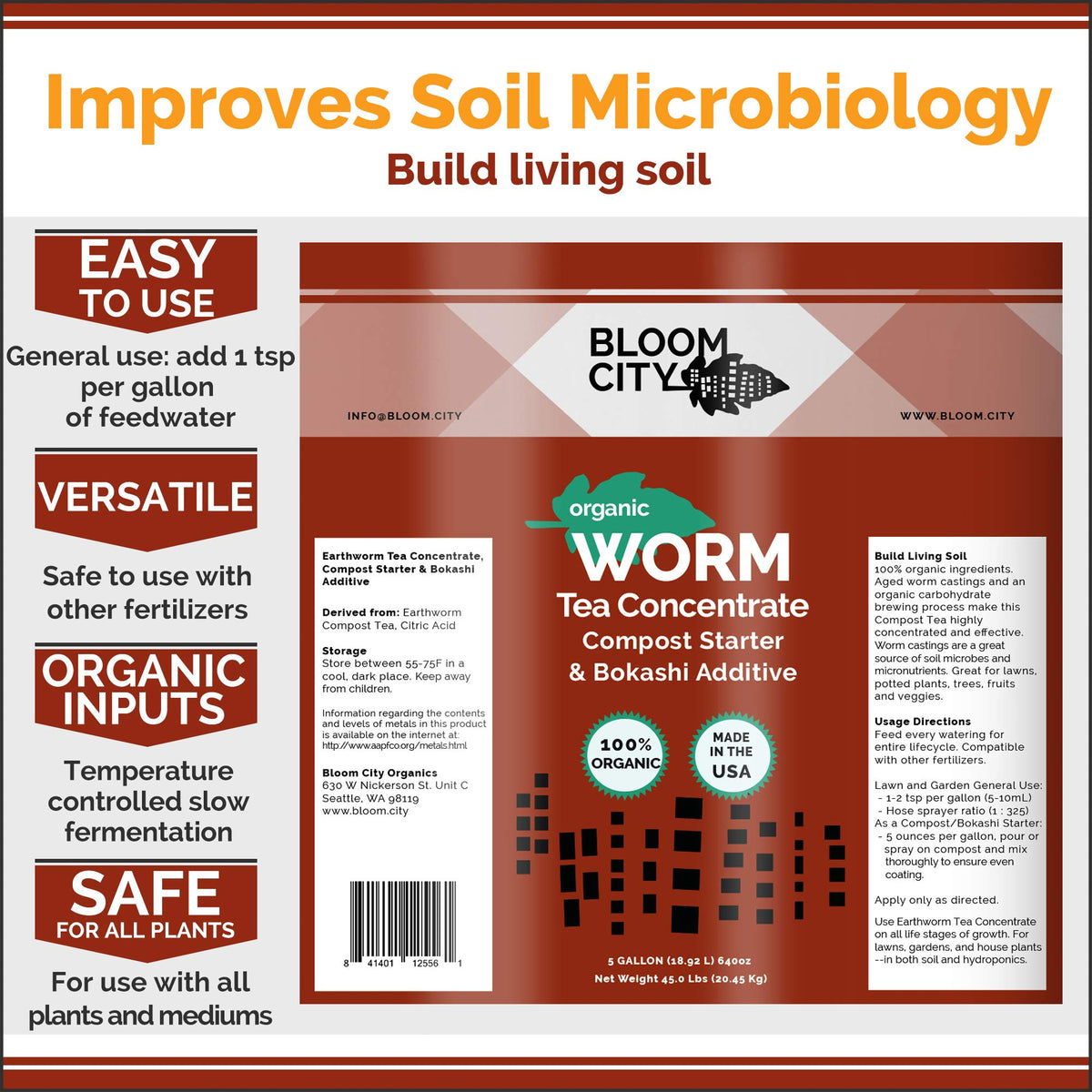 Bloom City organic worm tea ingredients highlight earthworm castings and nutrients.