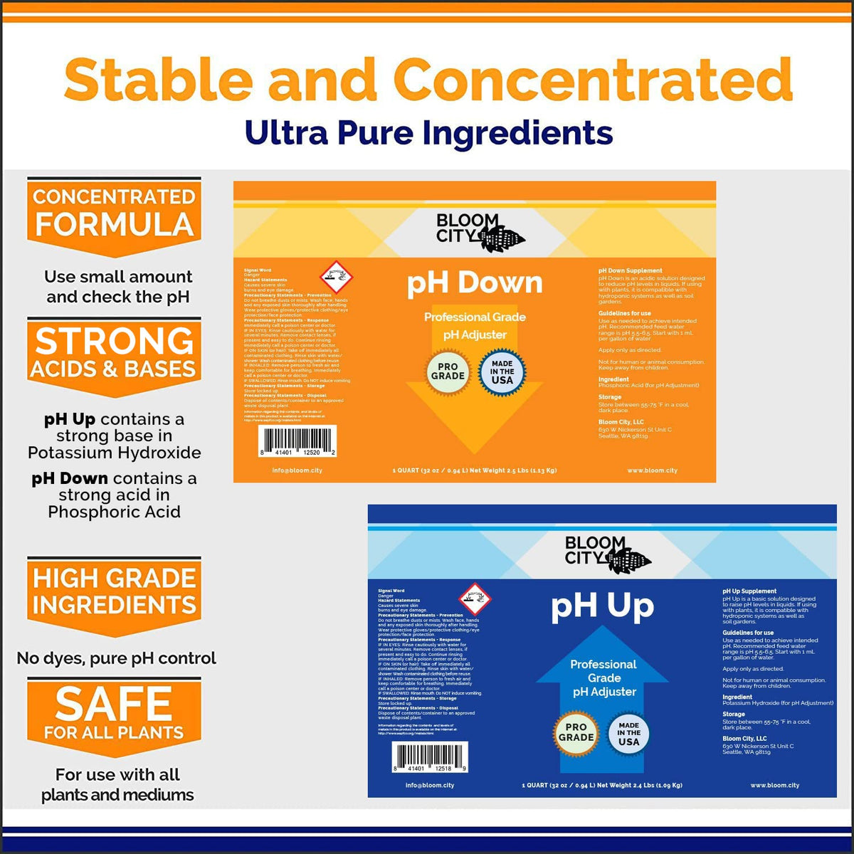 Bloom City pH Up Down bottle label helps identify solutions quickly.