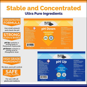 Bloom City pH Up Down bottle label helps identify solutions quickly.