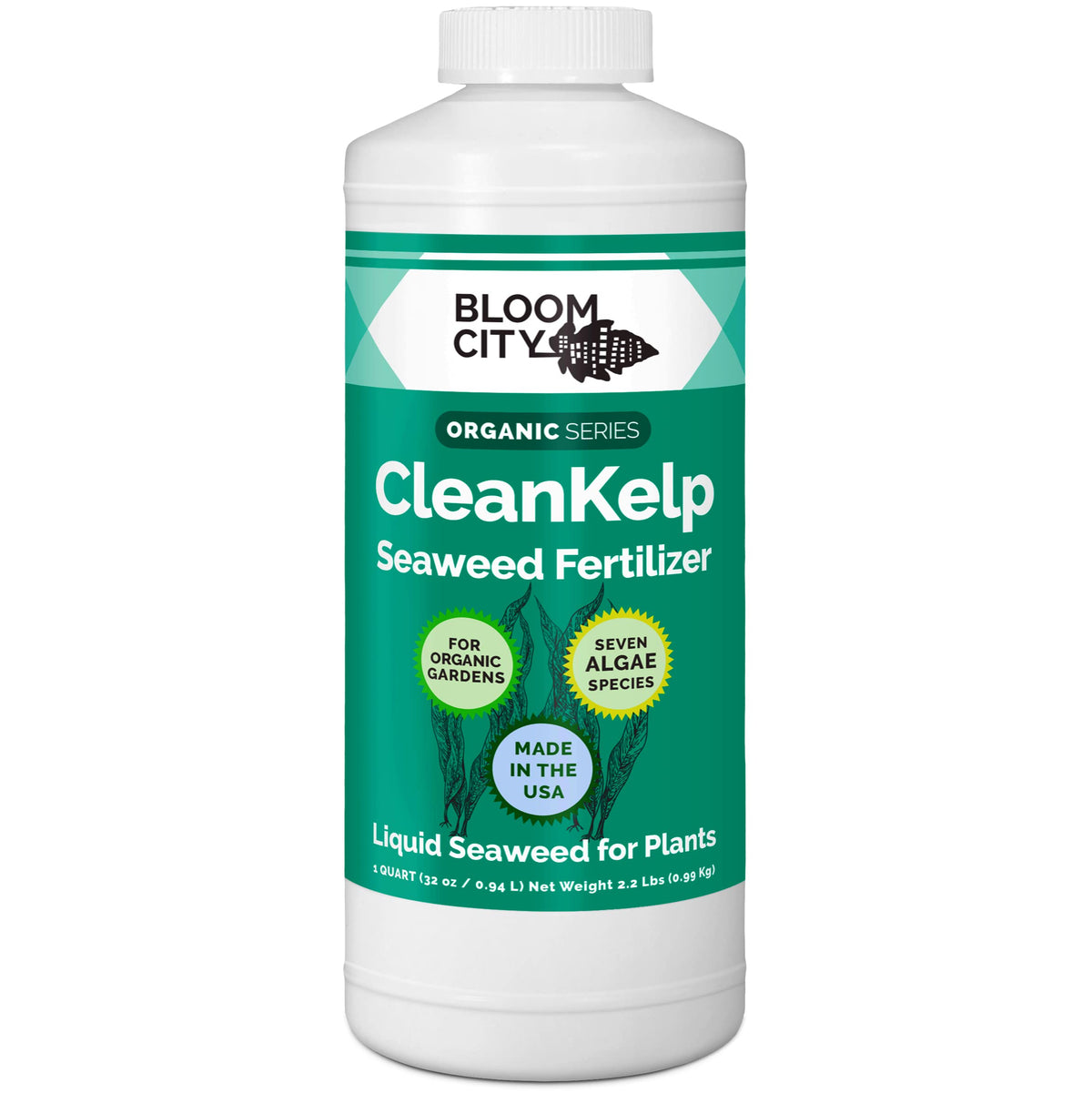 Bloom City Seaweed Fertilizer bottle close-up shows nutrients for healthier roots.