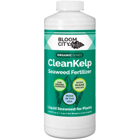 Bloom City Seaweed Fertilizer bottle close-up shows nutrients for healthier roots.