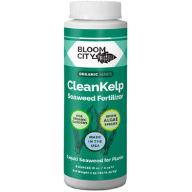Bloom City Seaweed and Kelp Fertilizer bottle highlighting a ready-to-use liquid for root support.