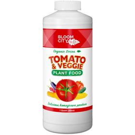 Bloom City Tomato & Veggie Plant Food bottle label highlighting balanced nutrients for vegetables.