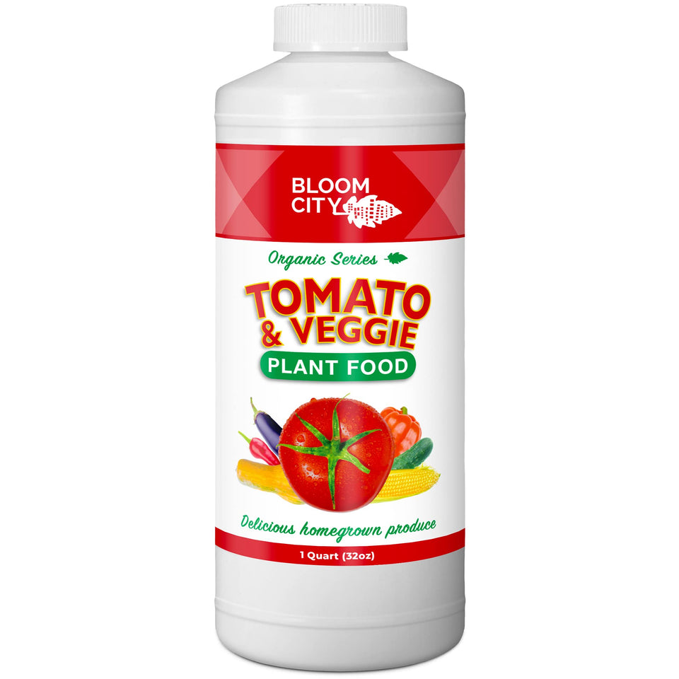 Bloom City Tomato & Veggie Plant Food bottle label highlighting balanced nutrients for vegetables.