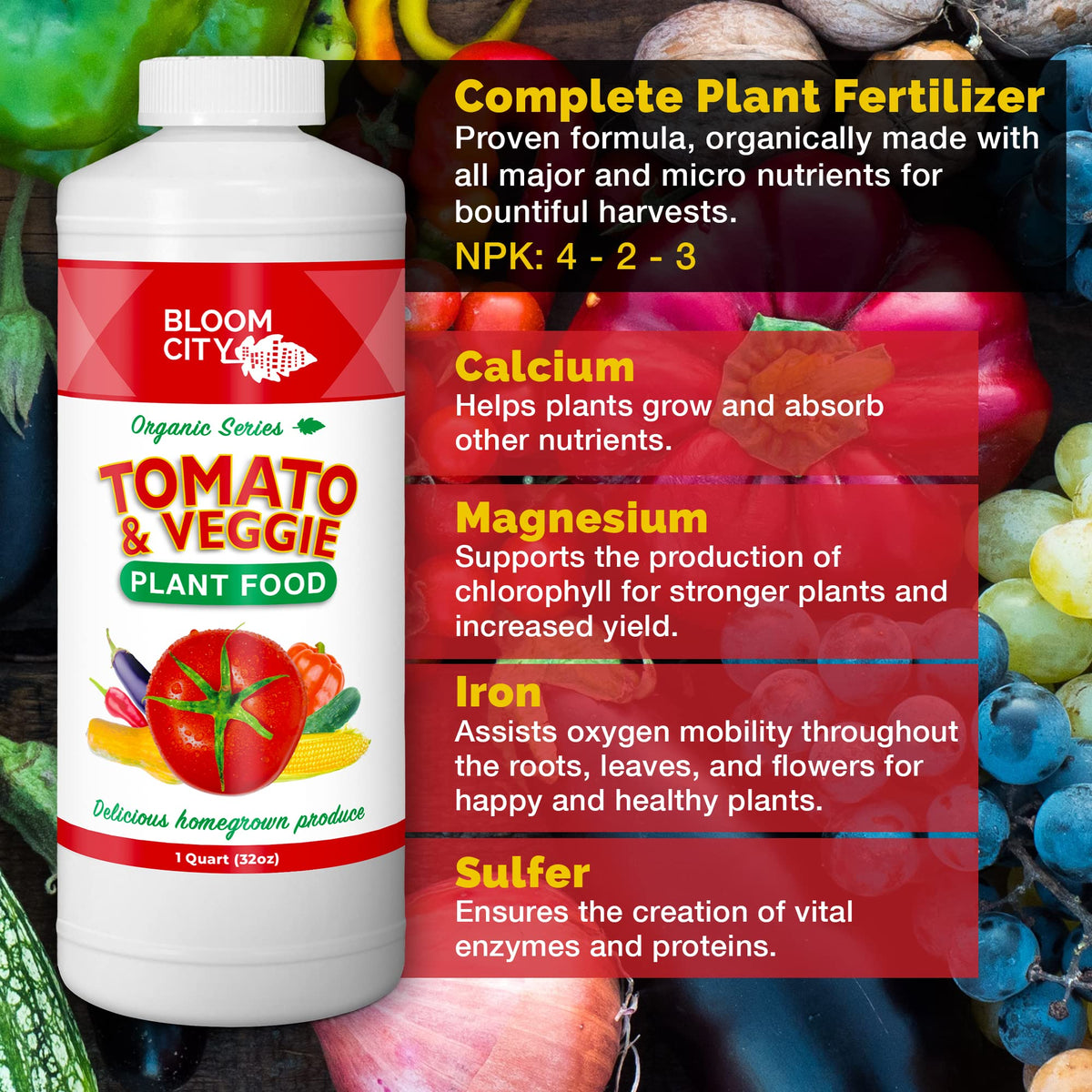 Bloom City Tomato & Veggie Plant Food used in garden beds for balanced vegetable growth.