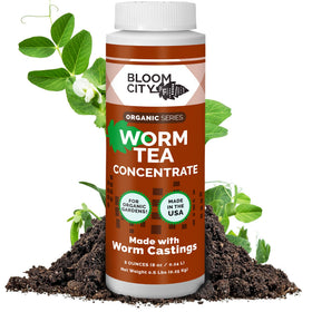 Bloom City worm tea concentrate bottle improves soil health and root growth.