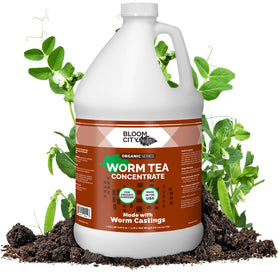 Bloom City worm tea concentrate bottle emphasizes soil health and root development.