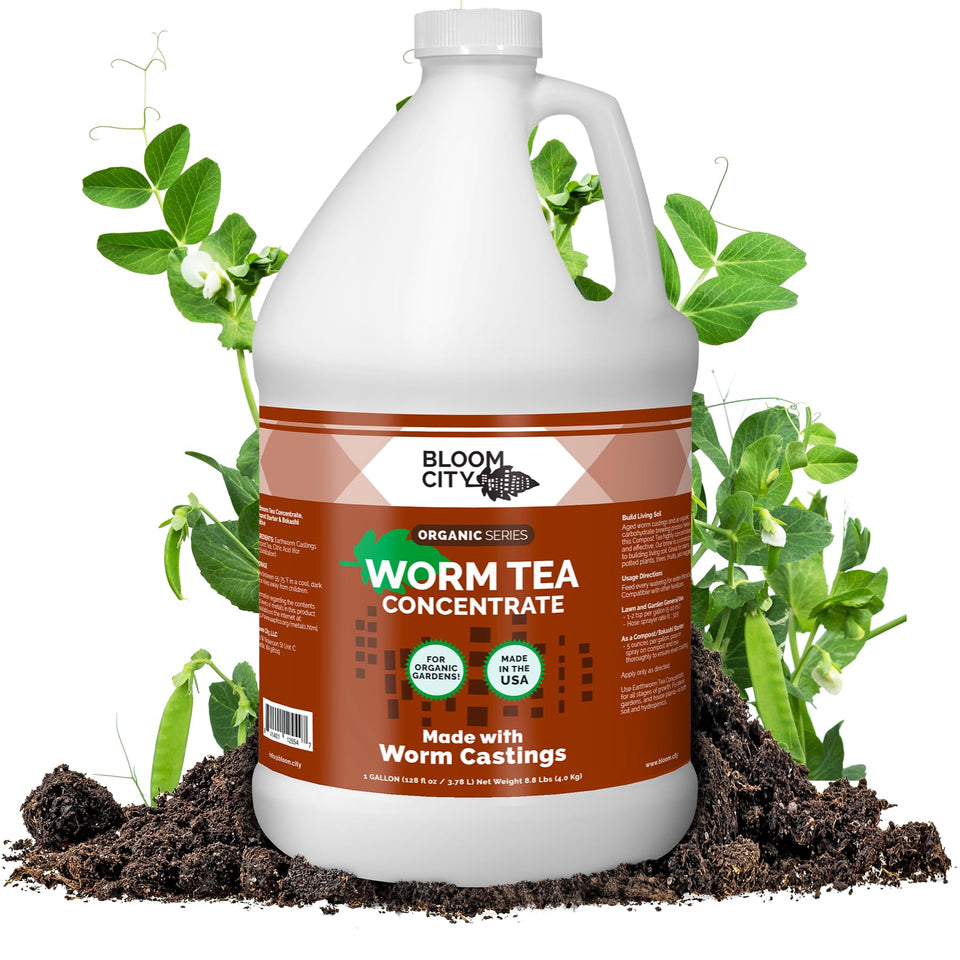 Bloom City worm tea concentrate bottle emphasizes soil health and root development.