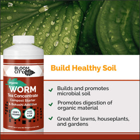 Bloom City worm tea concentrate label closeup highlights organic nutrients for plants.