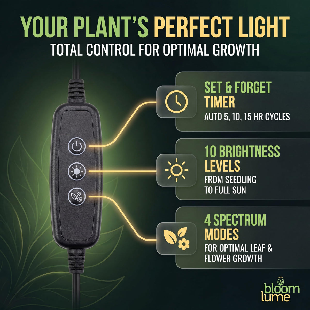 Bloom Lume dimmable intensity control for tailored light levels.