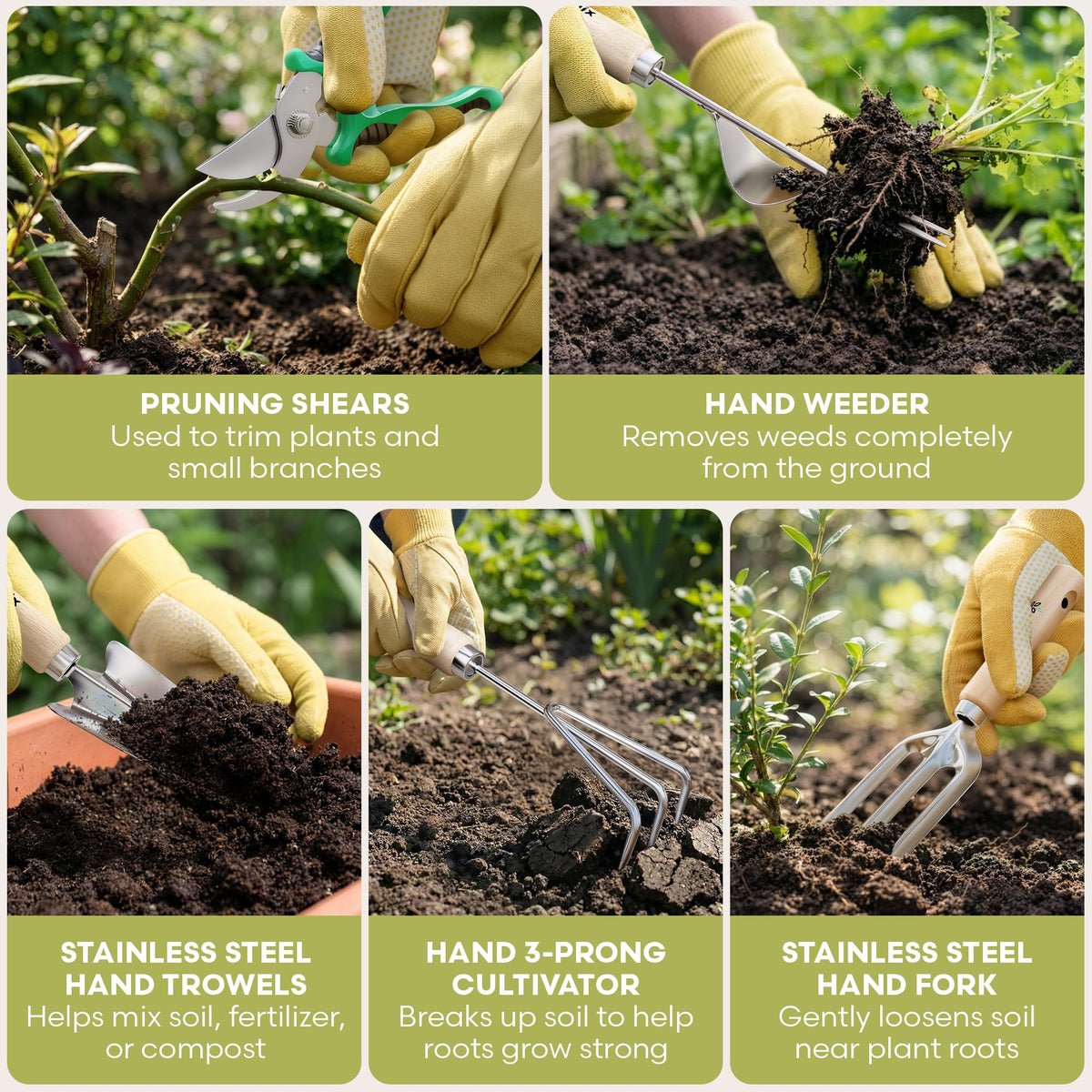 Bloomix 3-prong cultivator loosening soil for deeper nutrient access.
