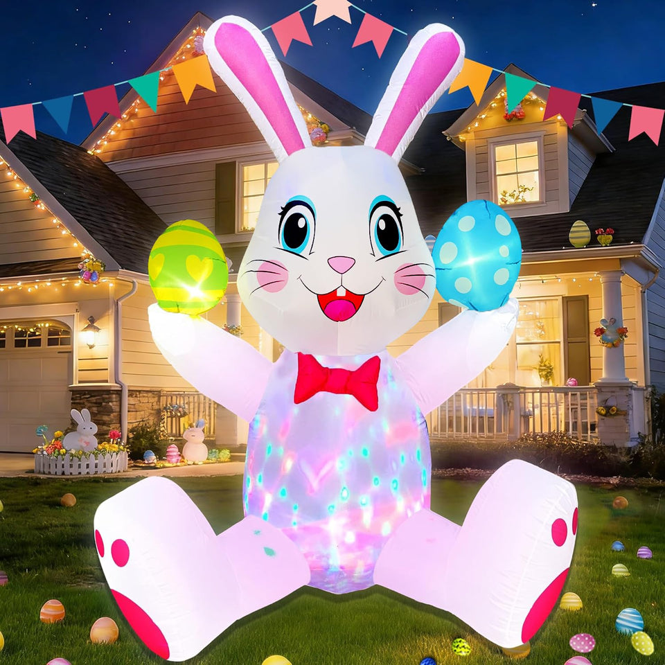 BLOWOUT FUN 6ft Easter inflatable bunny with egg lights brightens the yard.
