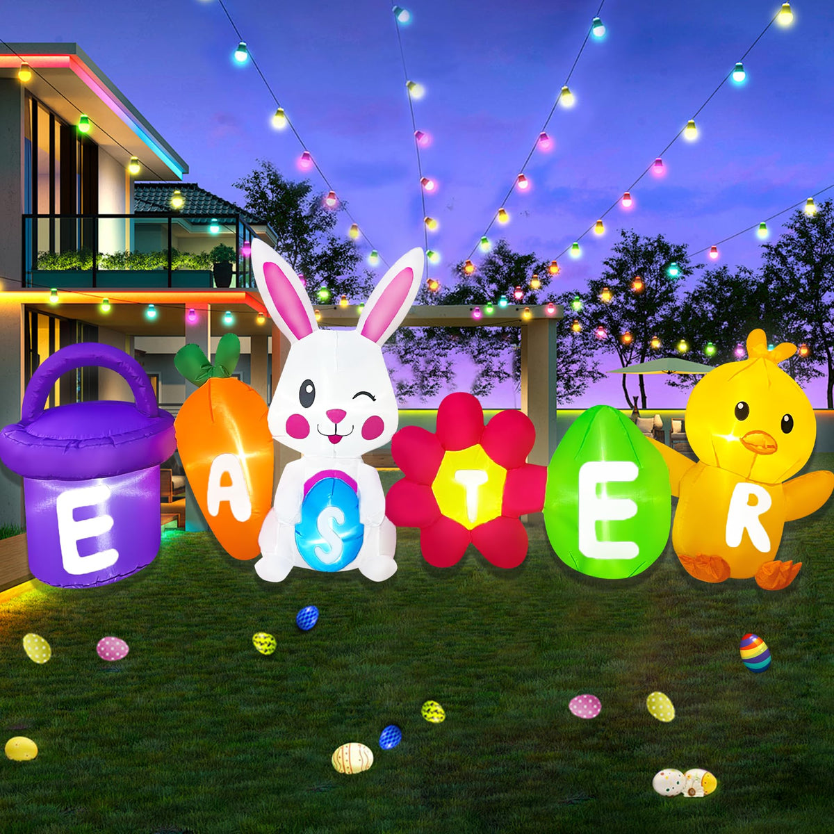 BLOWOUT FUN Easter bunny carrot inflatable adds colorful garden decor.