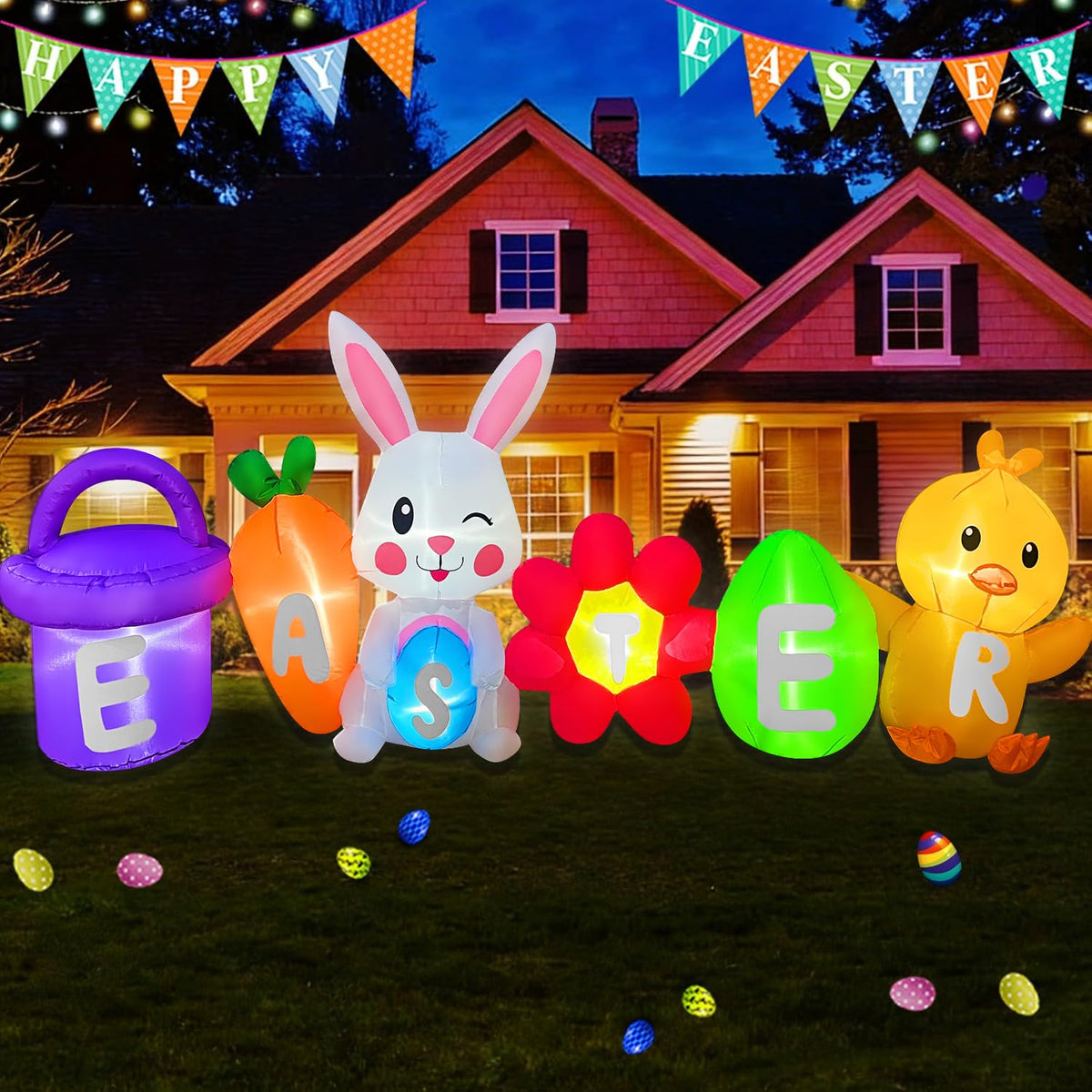 BLOWOUT FUN Easter inflatable bunny with eggs glowing in the yard for festive curb appeal.