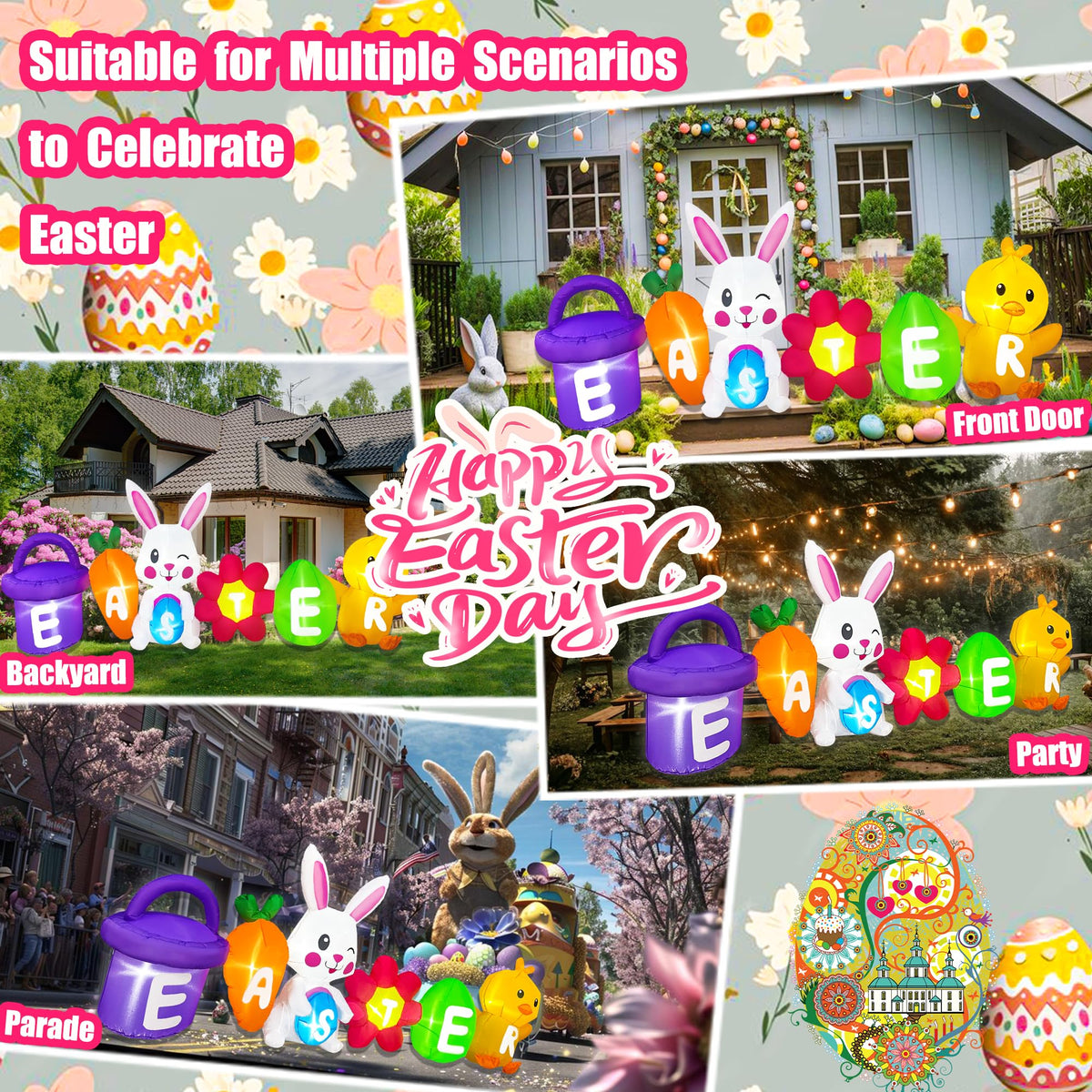 BLOWOUT FUN Easter inflatable with built-in LEDs lights driveways after sunset.