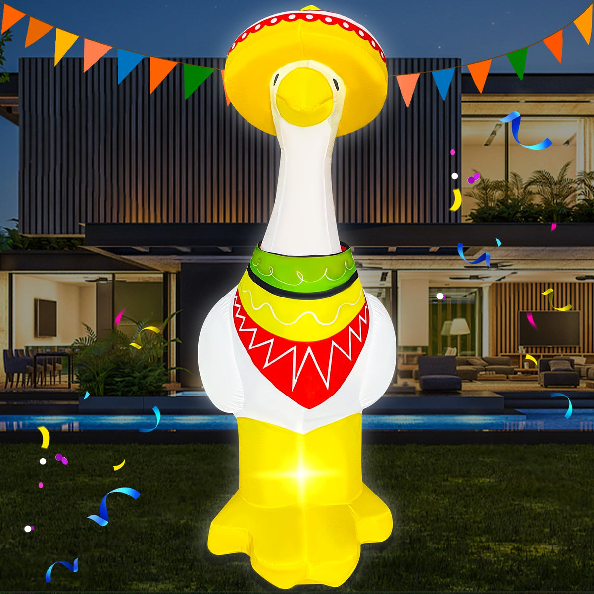 BLOWOUT FUN goose inflatable wearing sombrero and scarf adds playful decor.