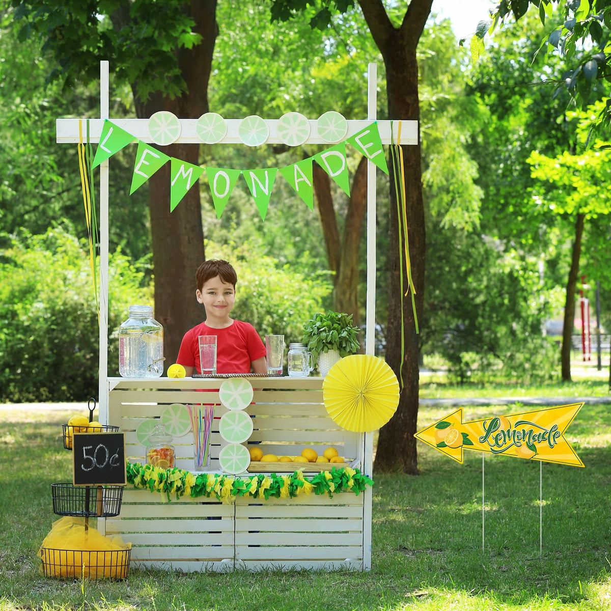 BLSUREFYX Lemonade Stand Arrow Sign side view increases roadside visibility.