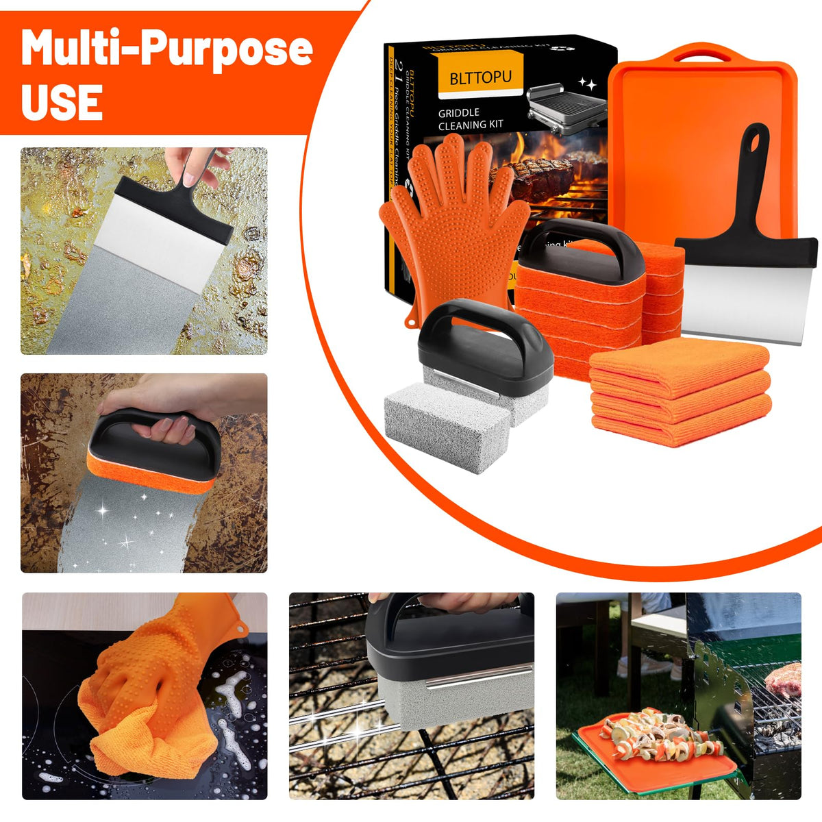 BLTTOPU griddle cleaning kit in use on outdoor grill