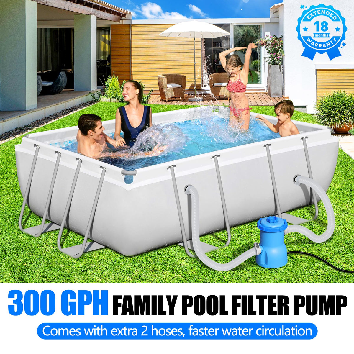 BluClear 300 GPH pool filter pump back view, compact design for space saving